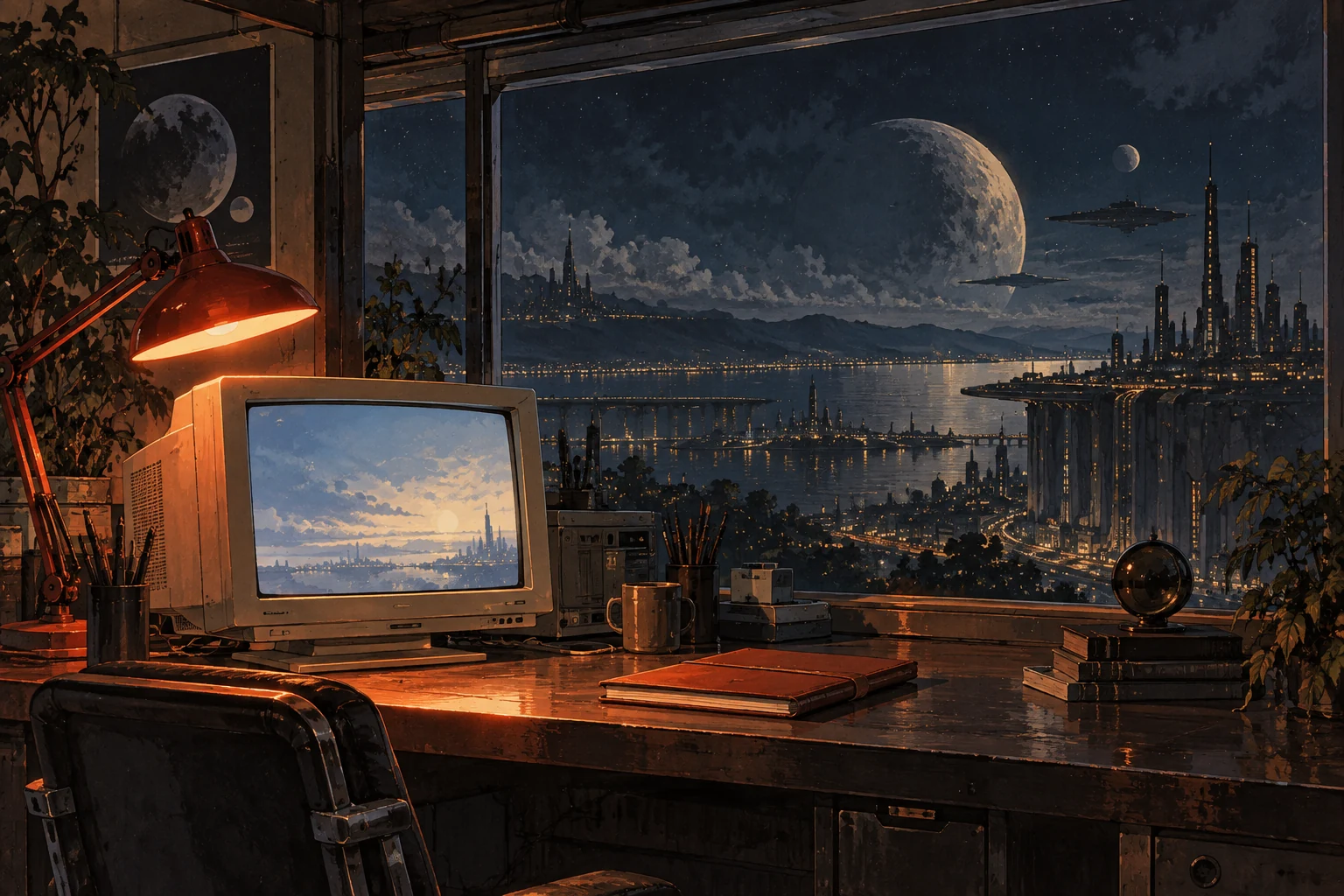 Ilustração original de um estúdio retrofuturista à noite, com um computador e uma janela para uma cidade sob a lua
